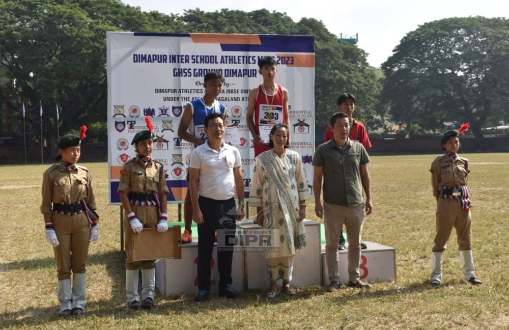 District Sports Officer Dimapur Tepulezonu along with winners of the 1000 meter race (U-16 Boys) of the Dimapur Inter School Athletic Meet held at GHSSS Dimapur on November 7. (DIPR Photo)